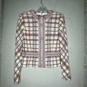 Vintage St John Plaid Zip-Up Jacket Cardigan w/ Woven Plaid  Accents | Size: 10